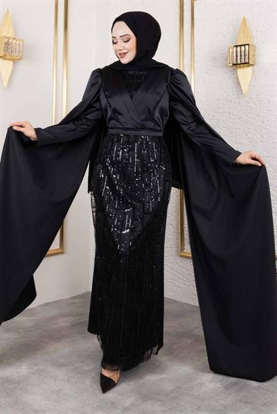 Önü Drape Detalı Saten Abiye 8016 Siyah