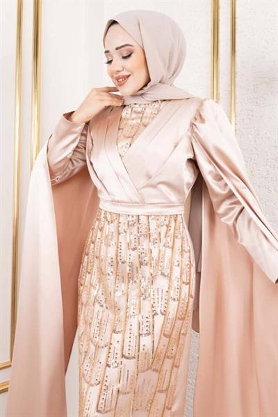 Önü Drape Detalı Saten Abiye 8016 Vizon