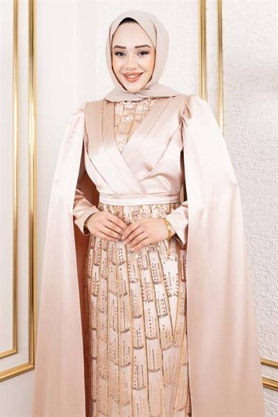 Önü Drape Detalı Saten Abiye 8016 Vizon