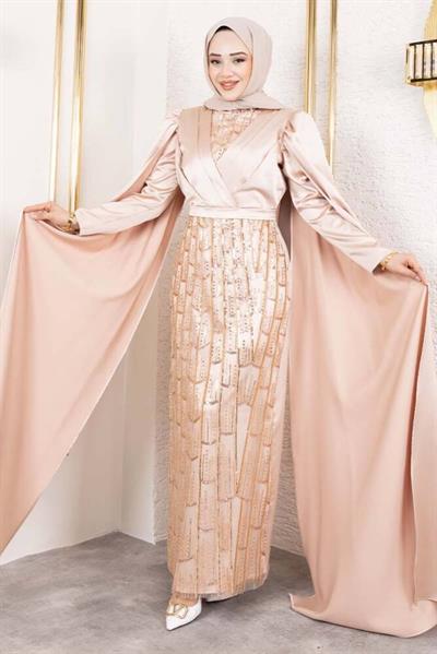Önü Drape Detalı Saten Abiye 8016 Vizon