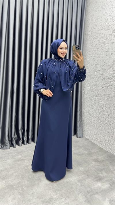 Pera İnci Detaylı Elbise 6633 Lacivert