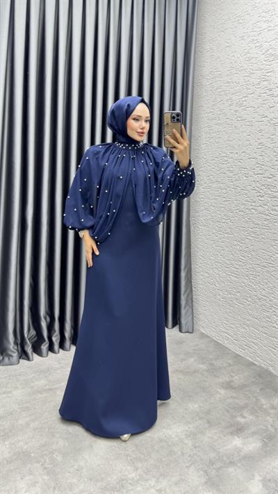 Pera İnci Detaylı Elbise 6633 Lacivert