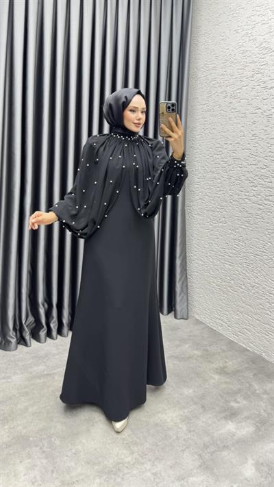 Pera İnci Detaylı Elbise 6633 Siyah