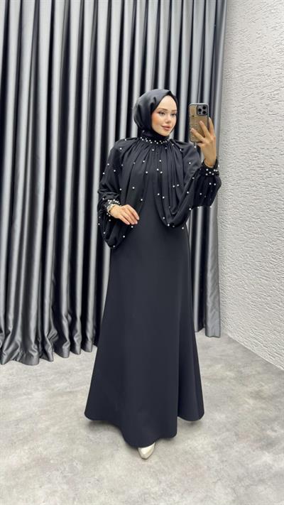 Pera İnci Detaylı Elbise 6633 Siyah