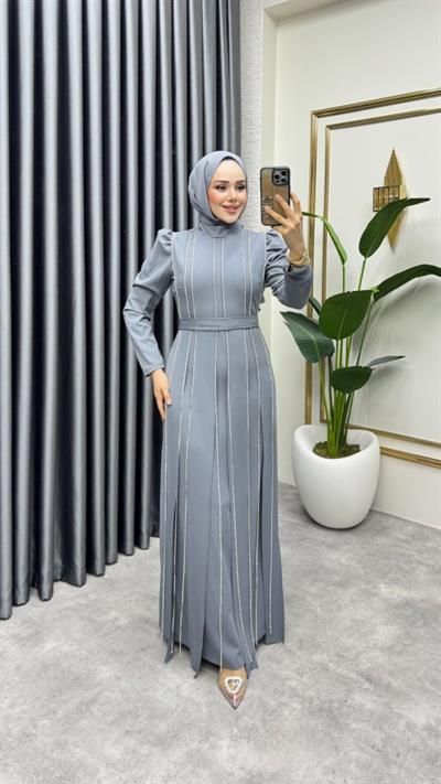 Pırlanta Taşlı Krep Abiye 8003 Gri