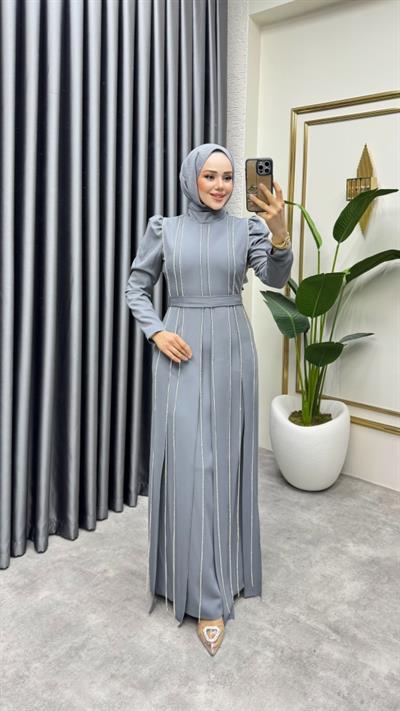 Pırlanta Taşlı Krep Abiye 8003 Gri