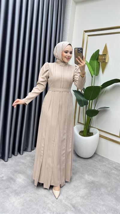 Pırlanta Taşlı Krep Abiye 8003 Vizon