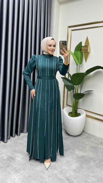 Pırlanta Taşlı Krep Abiye 8003 Zümrüt