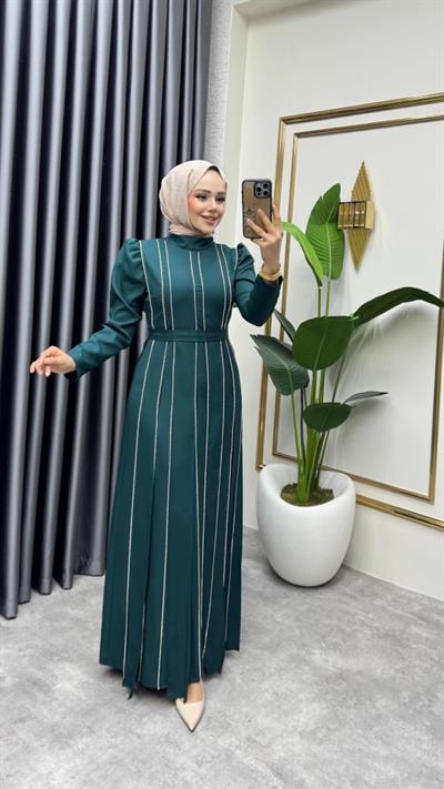 Pırlanta Taşlı Krep Abiye 8003 Zümrüt