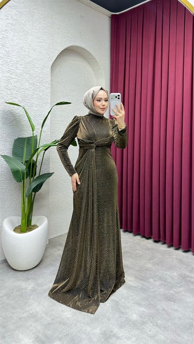 Rüya Serpme Taşlı Elbise 8084 Kahverengi