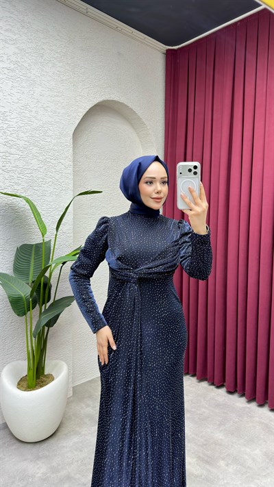 Rüya Serpme Taşlı Elbise 8084 Lacivert