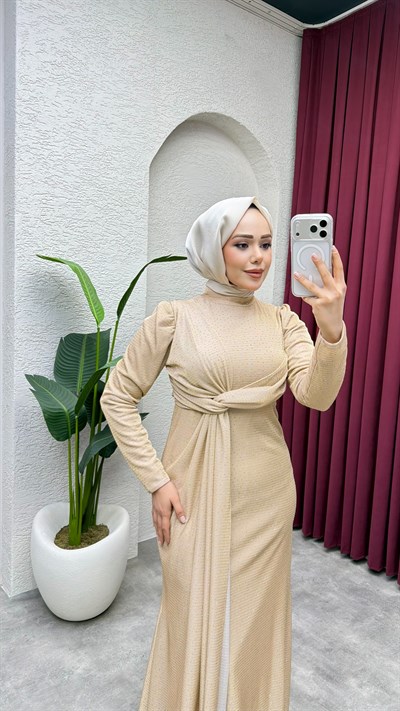 Rüya Serpme Taşlı Elbise 8084 Vizon