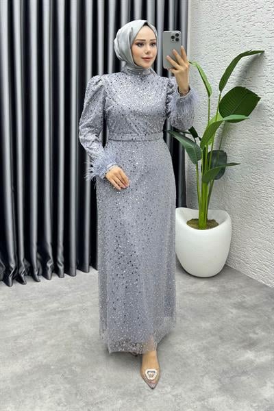 Sahra Otriş Detay Abiye 1004 Gri