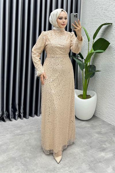 Sahra Otriş Detay Abiye 1004 Vizon