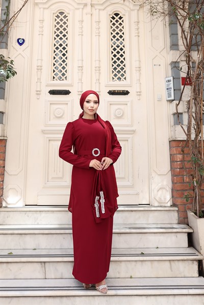 Sare Seyyar Pelerinli Elbise 8042 Bordo