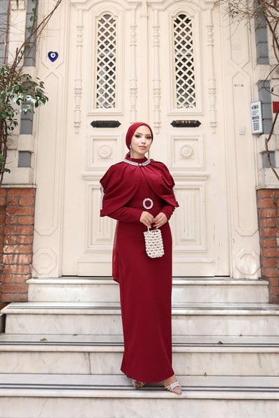 Sare Seyyar Pelerinli Elbise 8042 Bordo