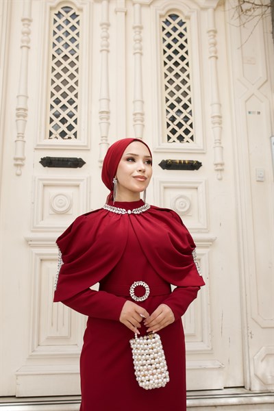 Sare Seyyar Pelerinli Elbise 8042 Bordo