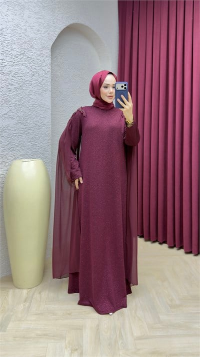 Sedef Pelerin Detay Abiye 1449 Bordo