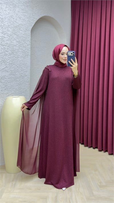 Sedef Pelerin Detay Abiye 1449 Bordo