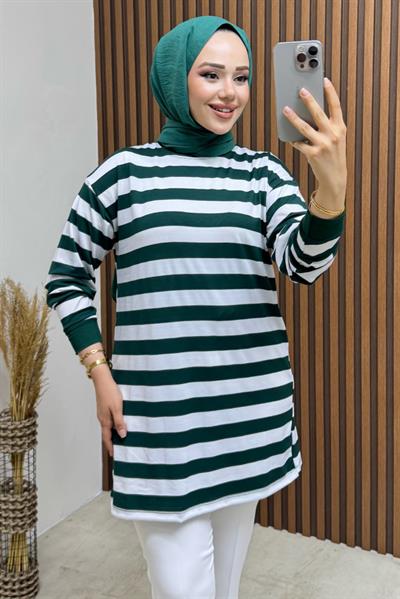 Şeritli Penye Tunik 4002 Zümrüt