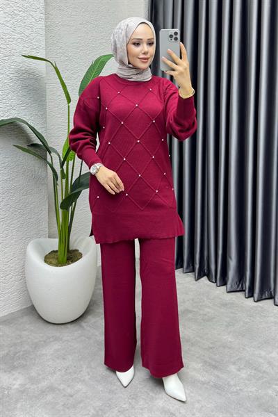 Serpme Taşlı Triko Takım 1209 Bordo