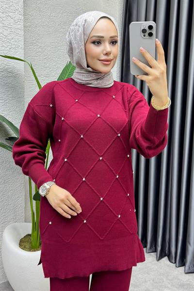 Serpme Taşlı Triko Takım 1209 Bordo