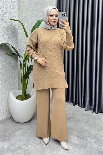 Serpme Taşlı Triko Takım 1209 Latte