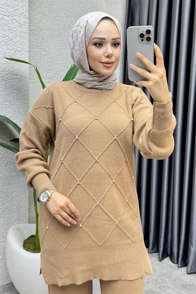 Serpme Taşlı Triko Takım 1209 Latte