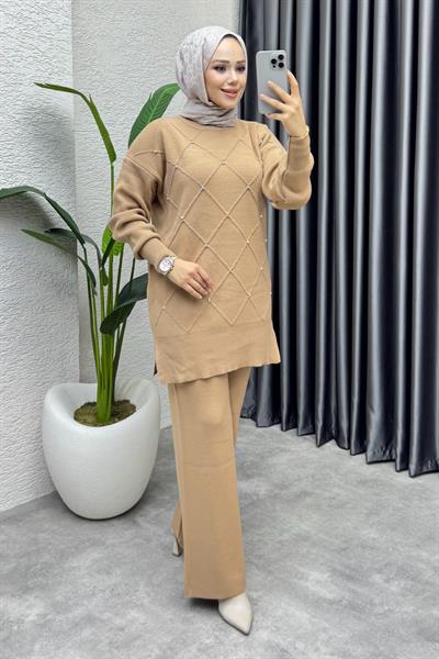 Serpme Taşlı Triko Takım 1209 Latte