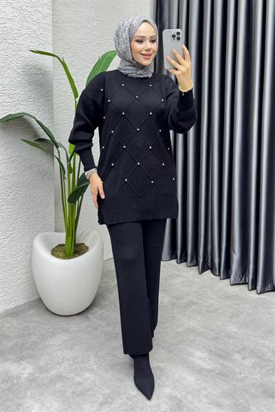 Serpme Taşlı Triko Takım 1209 Siyah
