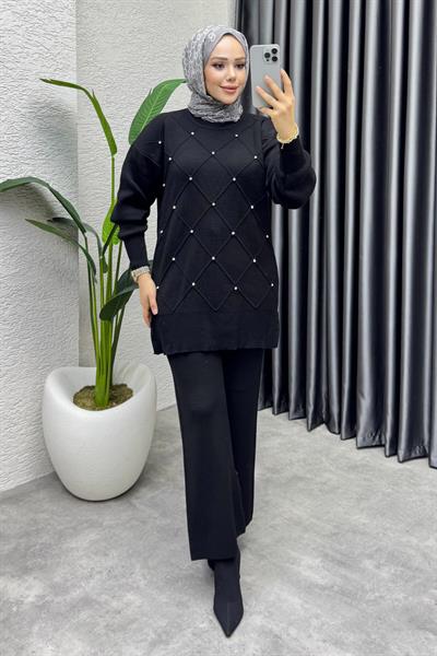 Serpme Taşlı Triko Takım 1209 Siyah