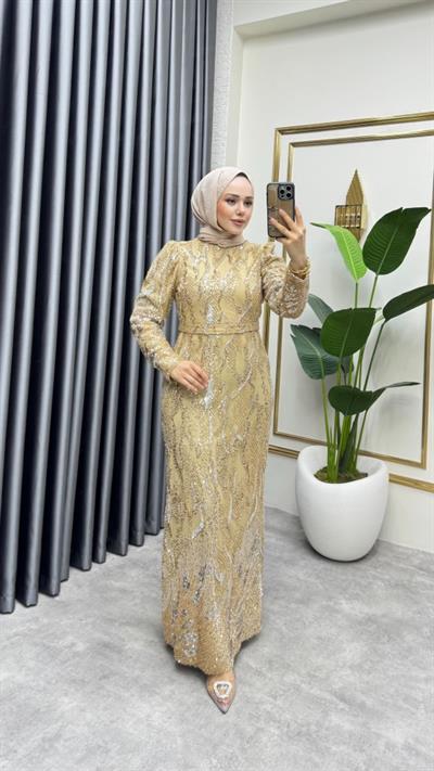 Shine Taşlı Kalem Abiye 6628 Gold