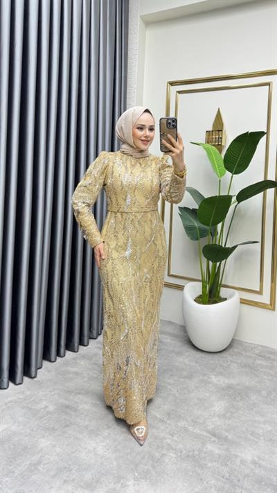 Shine Taşlı Kalem Abiye 6628 Gold