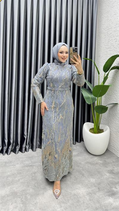 Shine Taşlı Kalem Abiye 6628 Gri