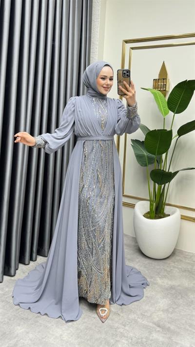 Şifon Kuyruklu Shine Taşlı Abiye 6631 Gri