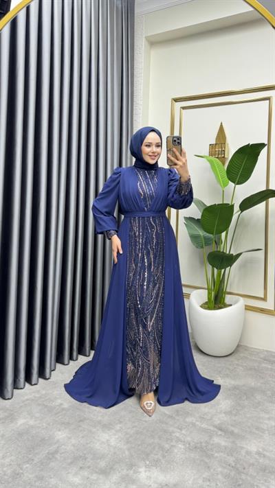 Şifon Kuyruklu Shine Taşlı Abiye 6631 Lacivert