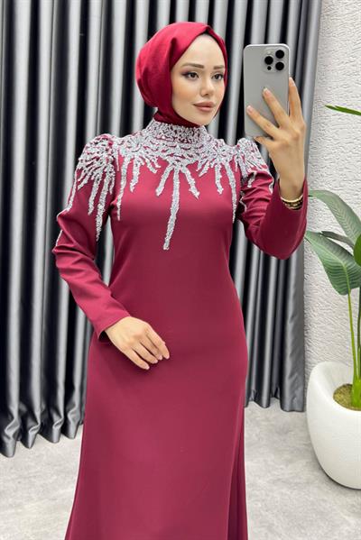 Sofia Pul Detaylı Abiye Elbise 6652 Bordo