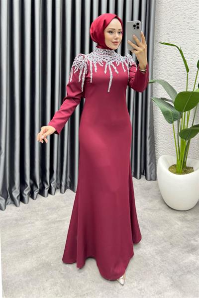 Sofia Pul Detaylı Abiye Elbise 6652 Bordo
