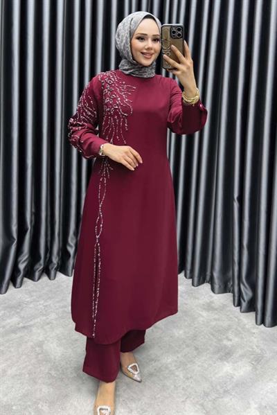 Taş Detaylı İthal Krep İkili Takım 6228 Bordo