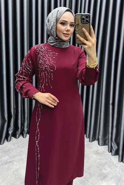 Taş Detaylı İthal Krep İkili Takım 6228 Bordo
