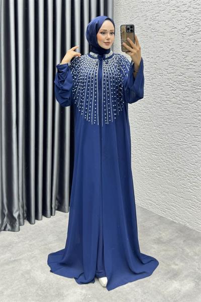 Taş Detaylı Pelerinli Elbise 6634 Lacivert