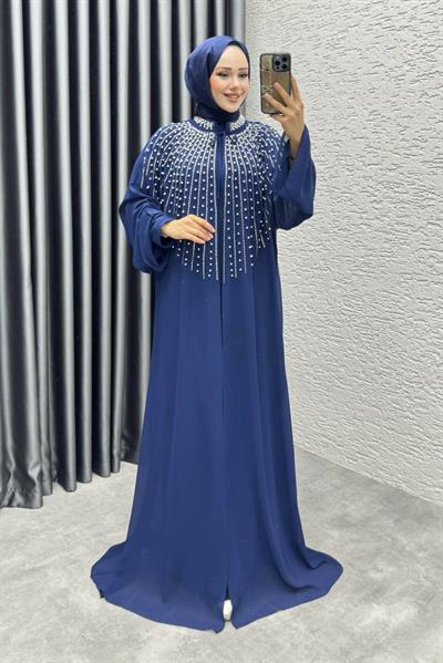 Taş Detaylı Pelerinli Elbise 6634 Lacivert