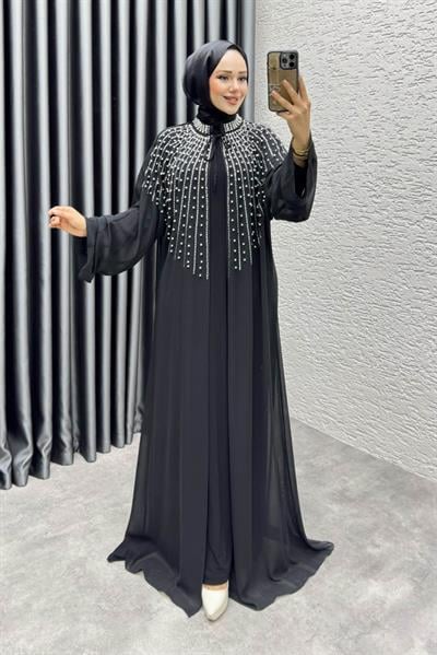 Taş Detaylı Pelerinli Elbise 6634 Siyah