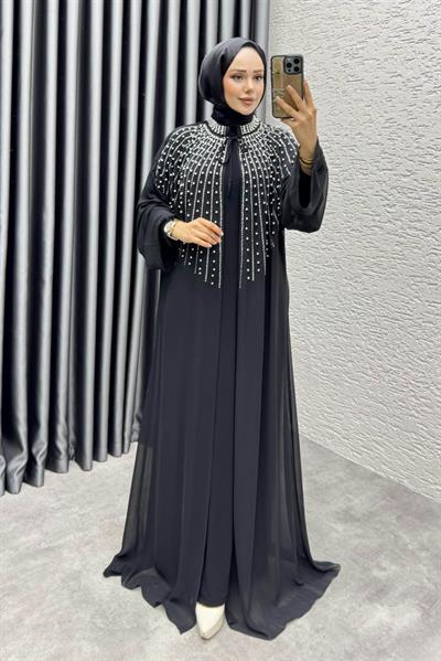 Taş Detaylı Pelerinli Elbise 6634 Siyah