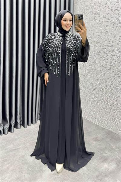 Taş Detaylı Pelerinli Elbise 6634 Siyah