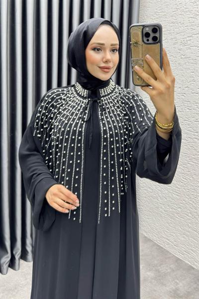 Taş Detaylı Pelerinli Elbise 6634 Siyah
