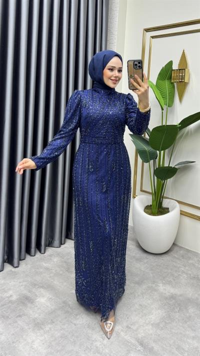Taş İşlemeli Kalem Abiye 6620 Lacivert