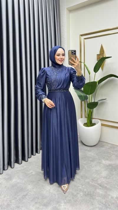 Taş İşlemeli Simli Abiye 6638 Lacivert