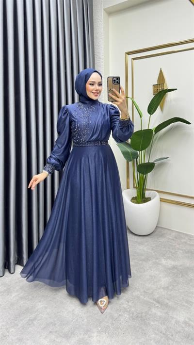 Taş İşlemeli Simli Abiye 6638 Lacivert