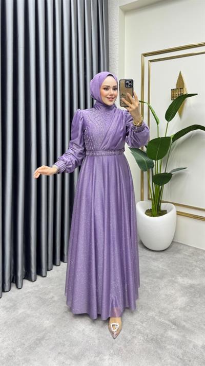 Taş İşlemeli Simli Abiye 6638 Lila